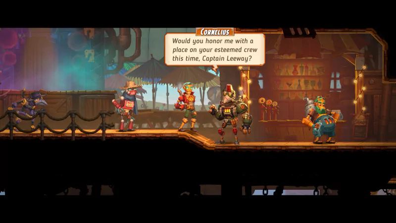 A scene from SteamWorld Heist II featuring characters interacting on a futuristic ship, with one character requesting to join the crew. Colorful and dynamic artwork showcases the game's unique style.