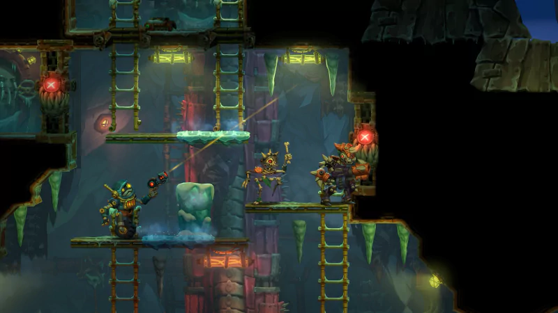 A scene from SteamWorld Heist II, featuring characters navigating a vibrant, multi-level environment with ladders and obstacles, engaged in tactical gameplay amidst a steampunk backdrop.