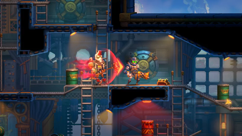 A scene from SteamWorld Heist II showcasing characters navigating a vibrant, industrial environment, complete with ladders and mechanical elements in a dynamic, strategic gameplay setting.