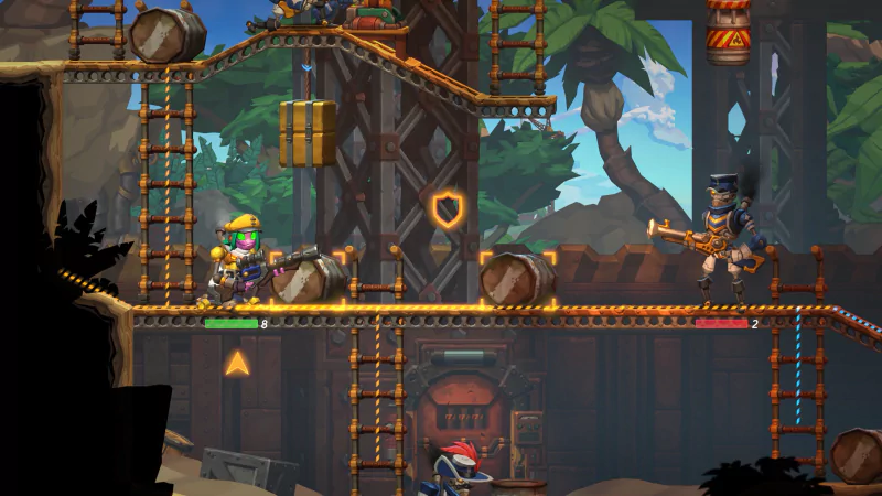 A vibrant scene from SteamWorld Heist II, featuring characters navigating platforms with ladders, barrels, and a lush background, embodying the game's adventurous, strategic gameplay.