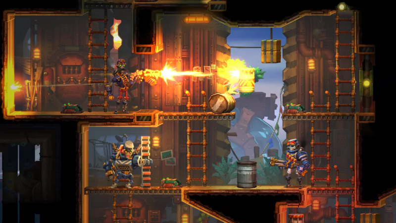 A vibrant scene from SteamWorld Heist II, showcasing characters engaged in a firefight amidst a colorful, multi-layered environment filled with ladders and crates.