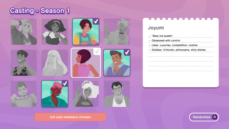 Casting screen from the video game The Crush House, featuring character selections and descriptions for Season 1, highlighting personalities and unique traits of each character.