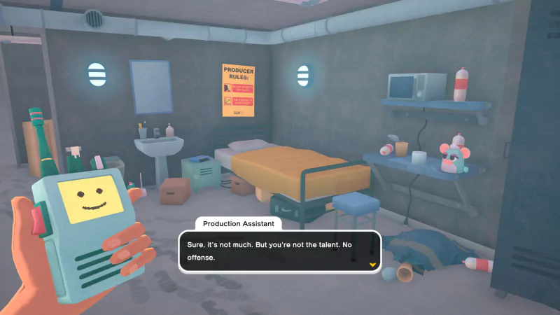 A scene from the video game The Crush House, featuring a simple room with a bed, clutter, and a character holding a walkie-talkie, conveying a lighthearted dialogue.