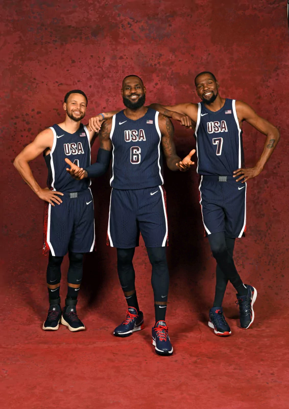 Image features basketball stars LeBron James, Stephen Curry, and Kevin Durant, showcasing their prominence in USA basketball culture.
