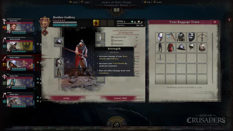 A character interface from the video game Band of Crusaders, showcasing a hero's strengths and traits alongside inventory options and other characters on the left side.