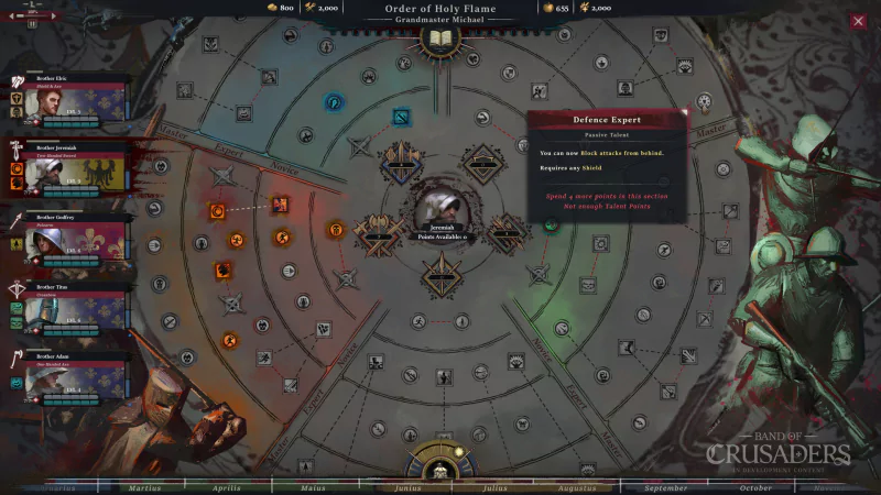 A gameplay screen from Band of Crusaders, featuring a strategic board layout with character options and an objective prompt in a fantasy setting.