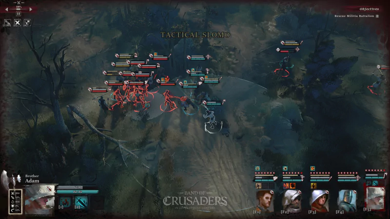 A tactical battle scene from the video game Band of Crusaders, featuring multiple units engaged in combat on a detailed map with character stats displayed at the bottom.