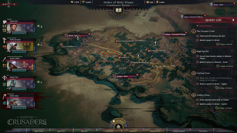 A detailed map from the video game Band of Crusaders, featuring various locations and a quest log on the right side. The landscape shows terrain marked for exploration and tasks.