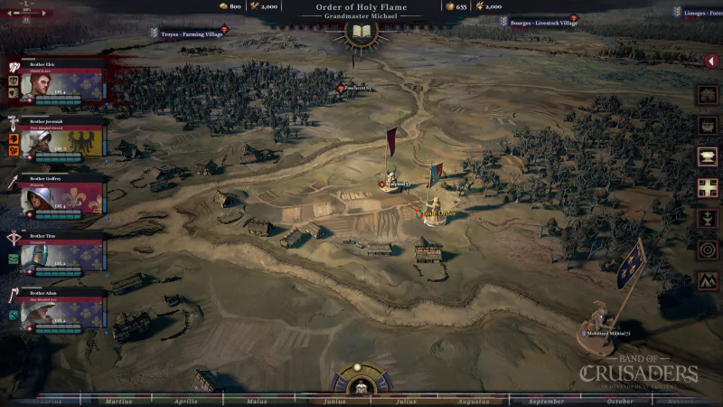 A strategic battlefield scene from the video game Band of Crusaders, featuring various factions and a detailed landscape with troops positioned for combat.