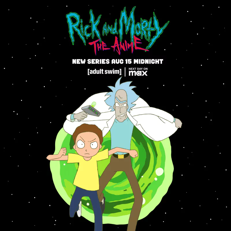 Two characters from Rick and Morty: The Anime stand in front of a swirling portal. Rick wields a device, while Morty looks determined. The title and air date are prominently displayed.