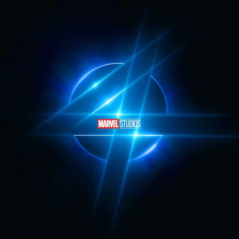A stylized blue emblem featuring the number four, set against a dark background, represents Marvel Studios' movie The Fantastic Four: First Steps.