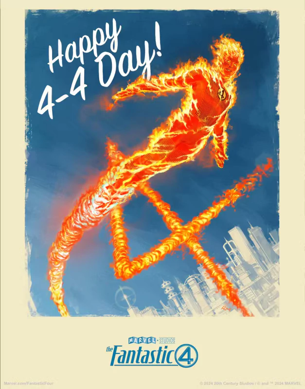 A vibrant illustration from The Fantastic Four: First Steps, featuring a fiery character celebrating with the text, Happy 4-4 Day! against a city skyline backdrop.