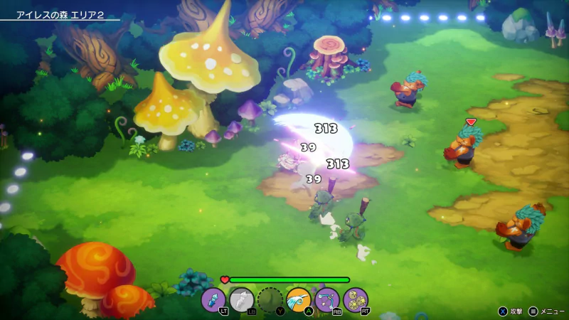 A vibrant scene from the video game Elrentaros Wanderings, showcasing colorful mushrooms and characters engaged in an animated battle on a lush, green landscape.