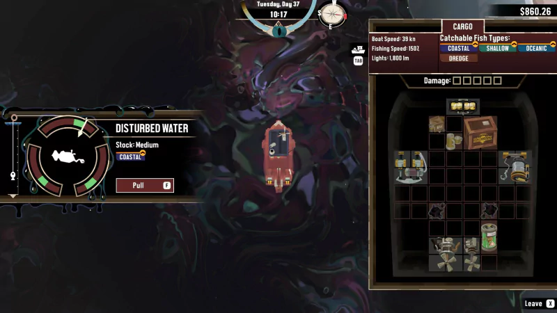 Gameplay screenshot from the video game Dredge - The Iron Rig, featuring a boat navigating through an eerie environment with inventory and status information displayed.