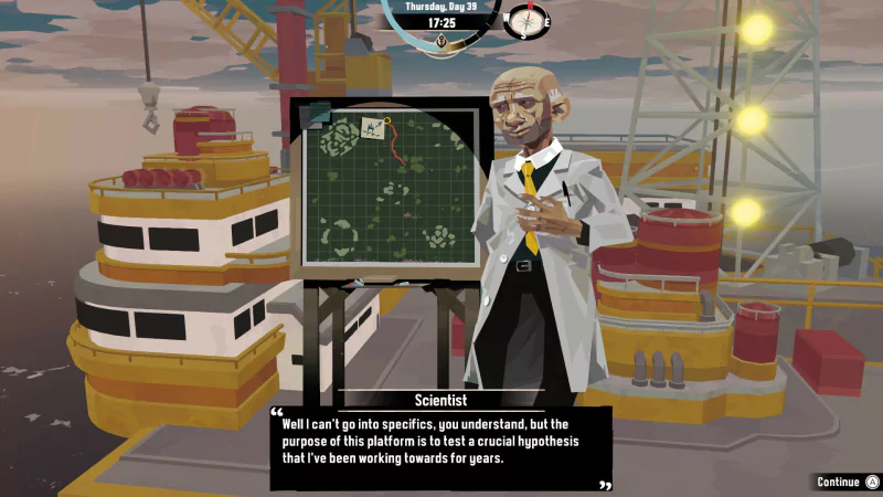 A scientist presents a map aboard The Iron Rig in the video game Dredge, discussing research hypotheses with a determined expression and a nautical backdrop.