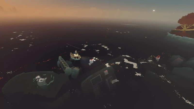 Aerial view of a dark, serene ocean setting from the video game Dredge - The Iron Rig, showcasing fishing vessels and eerie surroundings under a sunrise sky.