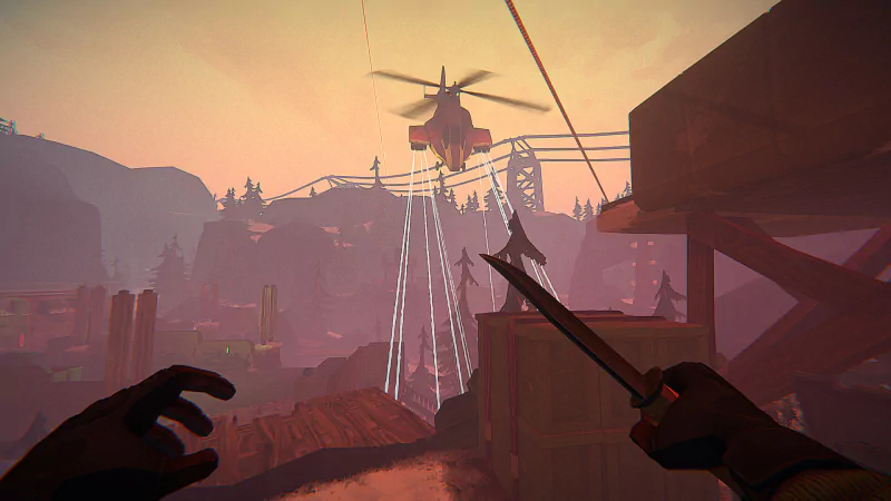 A dramatic scene from the video game I Am Your Beast, showcasing a helicopter above a treeline at sunset, with a character gripping a knife, ready for action.