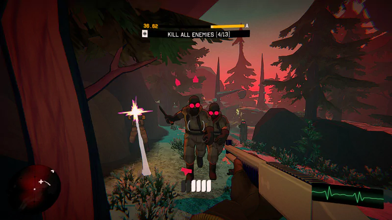 A screenshot from the video game I Am Your Beast, featuring a player aiming at enemies in a stylized forest setting, highlighted by eerie lighting and action elements.