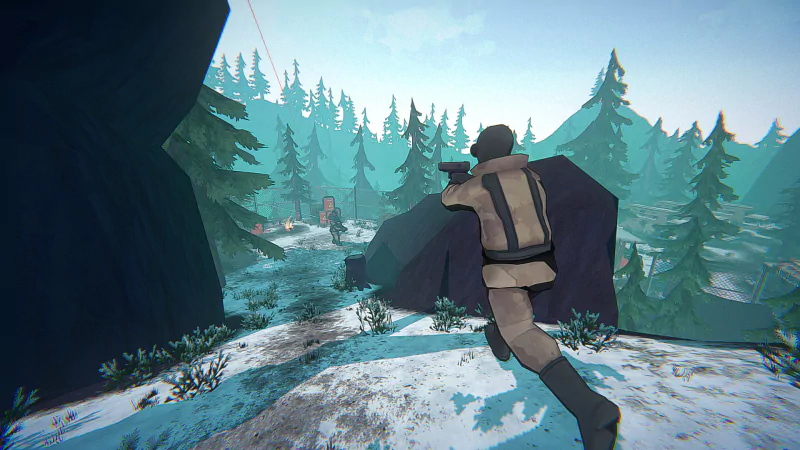 A character navigates a snowy landscape in the video game I Am Your Beast, aiming a weapon while surrounded by stylized trees and rocky terrain.