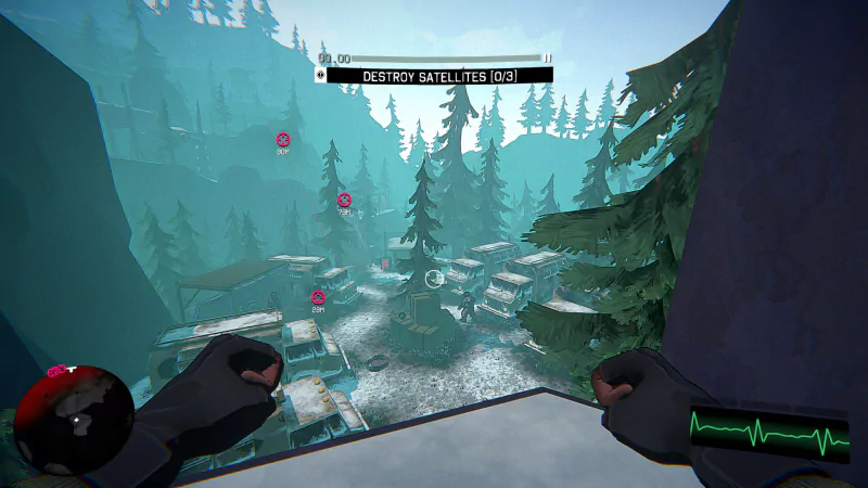 A player’s perspective in the video game I Am Your Beast, showcasing a snowy landscape with trees and a mission objective to destroy satellites.
