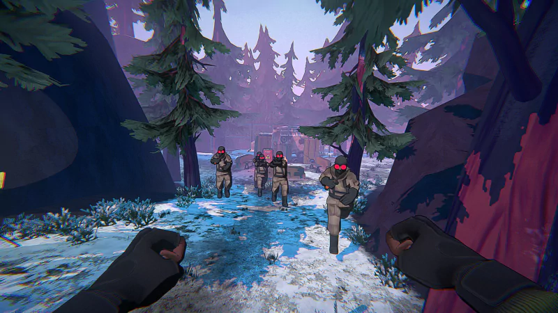 A player stands in a snowy forest in the video game I Am Your Beast, faced by armed enemies among the trees, ready for an intense confrontation.