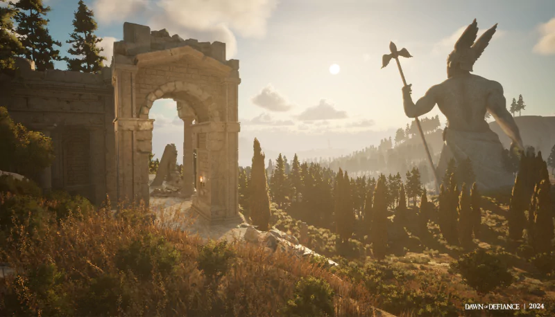 A stunning landscape from the video game Dawn of Defiance, featuring towering ruins and a massive statue, bathed in golden sunlight against a serene backdrop.