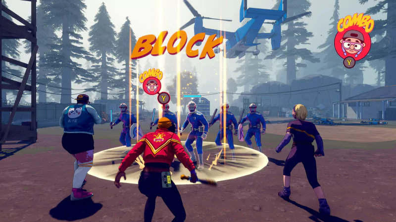 A scene from the video game Dustborn, featuring a colorful battle where a character blocks against opponents in a dynamic, stylized environment amidst tall trees.