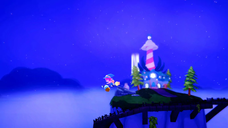 A character leaps across a green landscape under a starry sky, with a whimsical lighthouse and trees in the background, showcasing the enchanting world of the video game Mika and The Witch's Mountain.