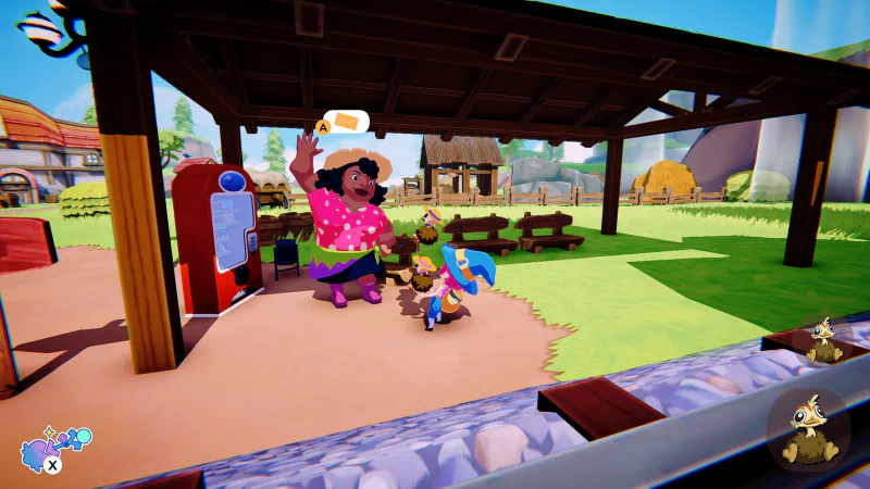 A colorful scene from the video game Mika and The Witch's Mountain, featuring a character in a pink shirt waving at Mika, who is interacting with her in a vibrant, outdoor setting.
