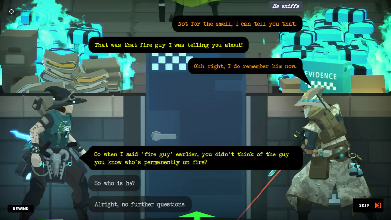 A scene from Tactical Breach Wizards featuring two characters discussing a fire-themed individual, with humorous dialogue and a vibrant, animated background.