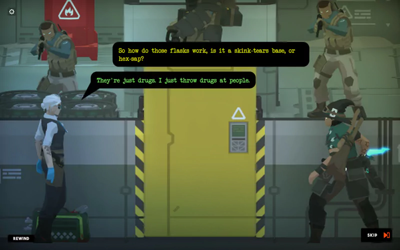 A scene from the video game Tactical Breach Wizards, featuring two characters engaged in conversation, while two others prepare for action in a stylized, futuristic environment.