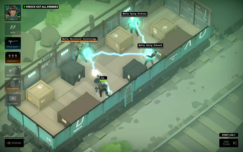 Two characters from the video game Tactical Breach Wizards engage in a dynamic tactical scenario, using electric abilities against enemies hidden behind crates.