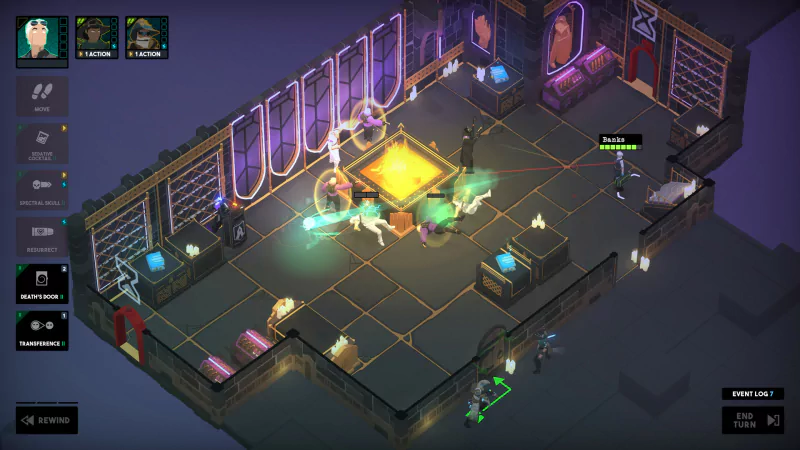 A tactical scene from the video game Tactical Breach Wizards, featuring characters strategizing in a vibrant, futuristic room filled with mystical elements and engaging gameplay mechanics.
