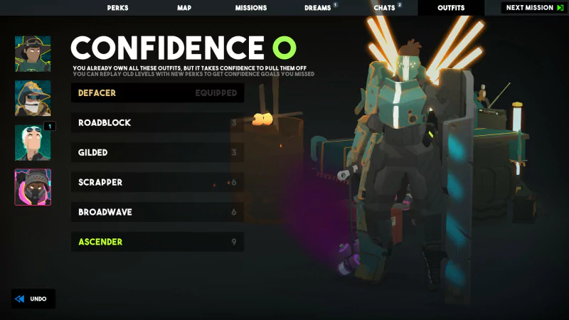 A character selection screen from the video game Tactical Breach Wizards, featuring various characters like Defacer, Roablock, and Ascender, each with unique visuals and abilities.