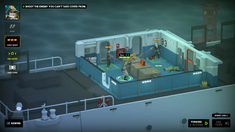 A tactical scene from the video game Tactical Breach Wizards, featuring characters engaging in strategic combat within a ship's interior.