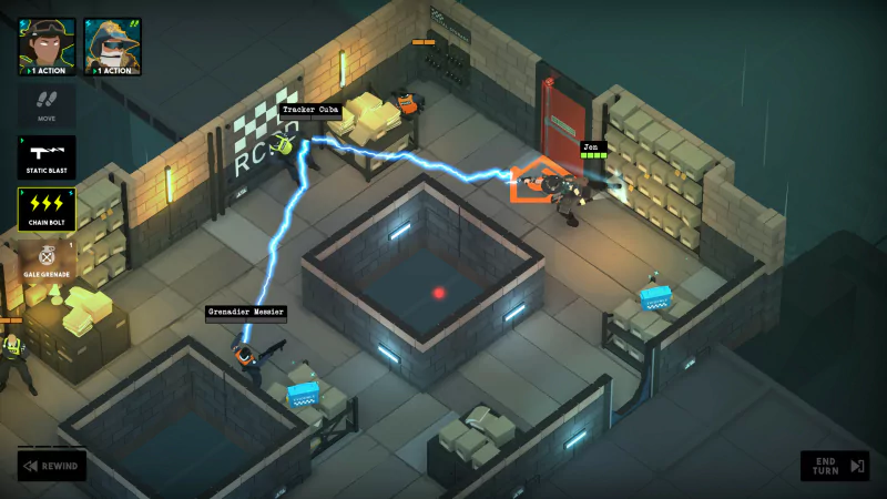 A tactical scene from the video game Tactical Breach Wizards, featuring characters navigating a strategic layout with electric beams and obstacles in a dimly lit environment.