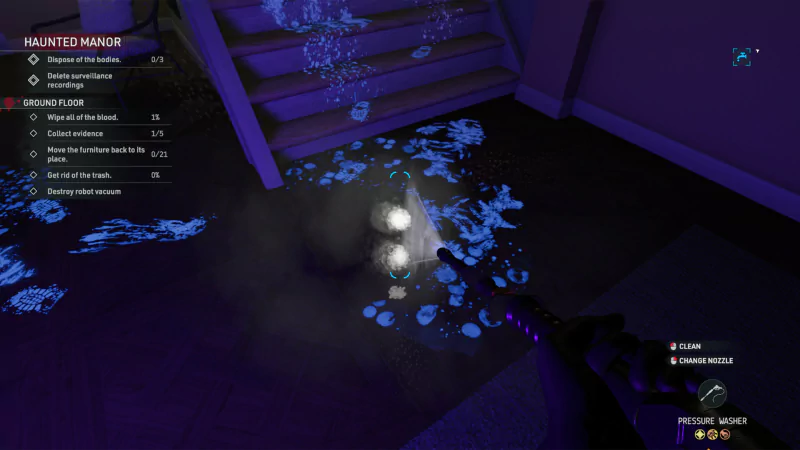 A scene from the video game *Crime Scene Cleaner*, showing a floor with glowing stains and a cleaning tool, suggesting a haunting presence in a dimly lit environment.