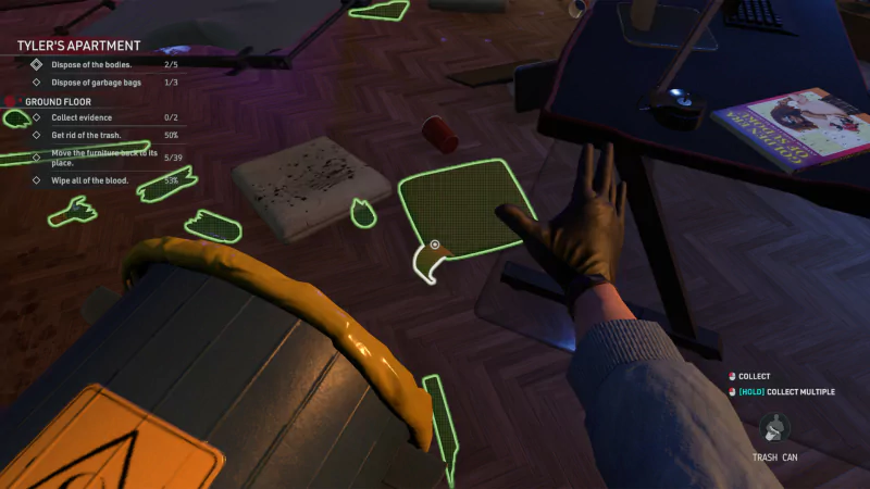 A player’s perspective in the video game Crime Scene Cleaner, showing a cluttered apartment with highlighted items to collect and clean, emphasizing the task of crime scene clean-up.