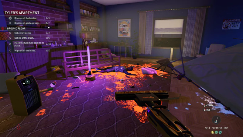 A messy apartment scene from the video game Crime Scene Cleaner, featuring scattered debris, a gun, and vibrant splashes of color on the floor, indicating a chaotic environment.
