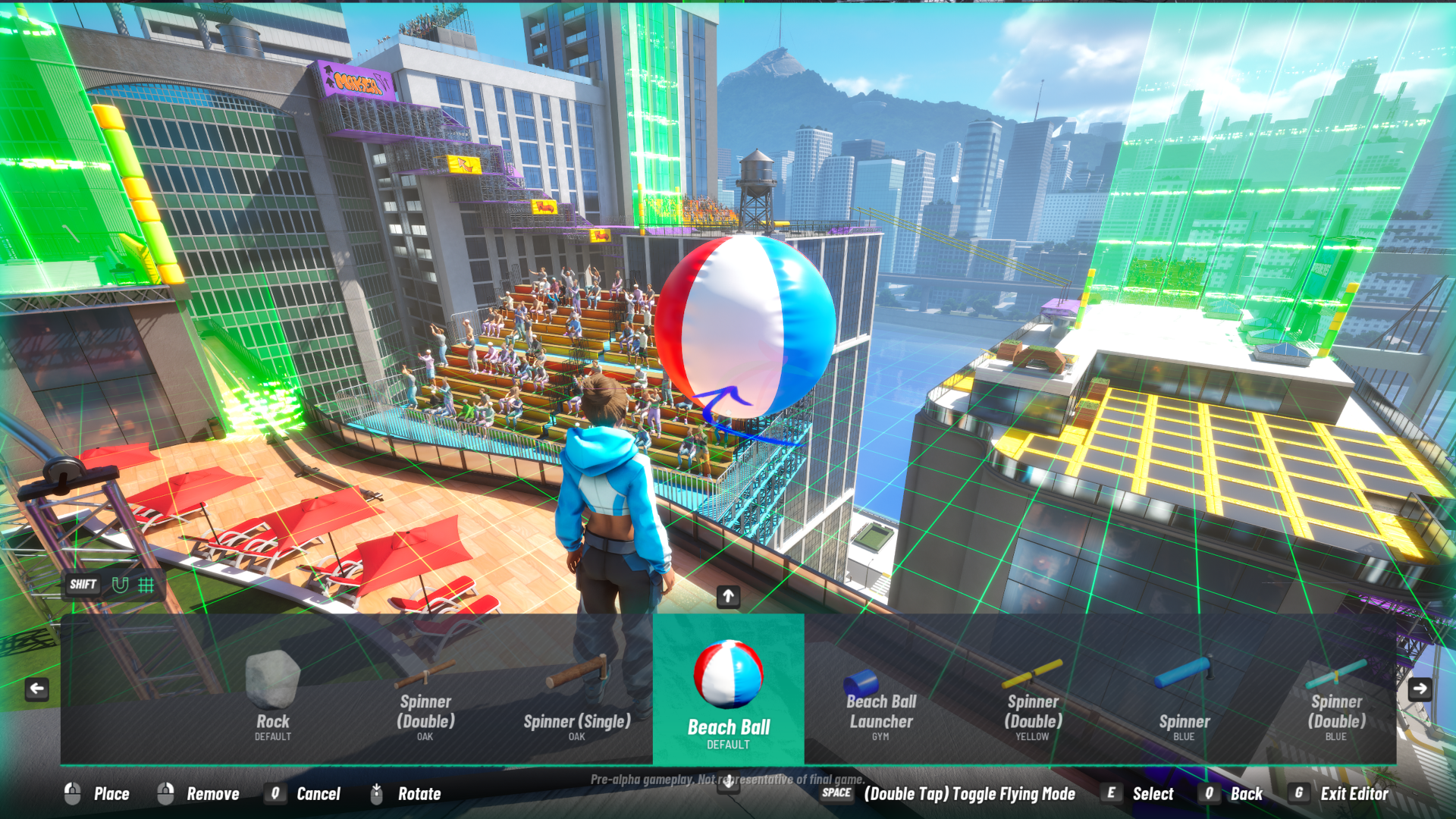 A character stands on a rooftop in a vibrant video game environment, preparing to execute a supermove, with a beach ball and various game elements displayed on the screen.