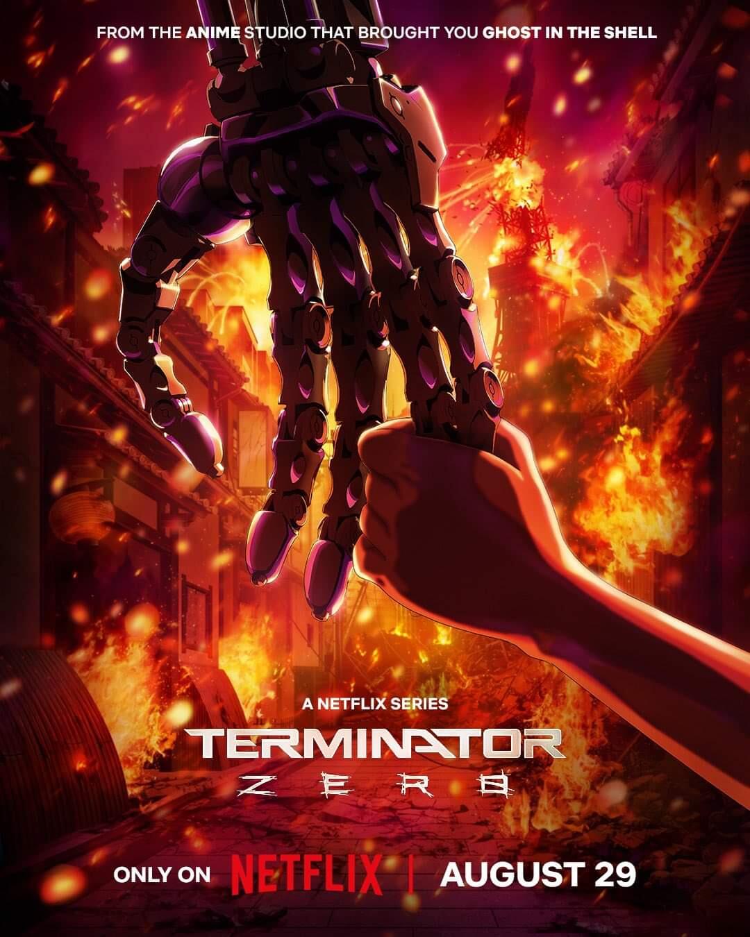 An anime-themed image related to Terminator Zero, featuring minimalistic text on a dark background indicating a loading or uploading process.