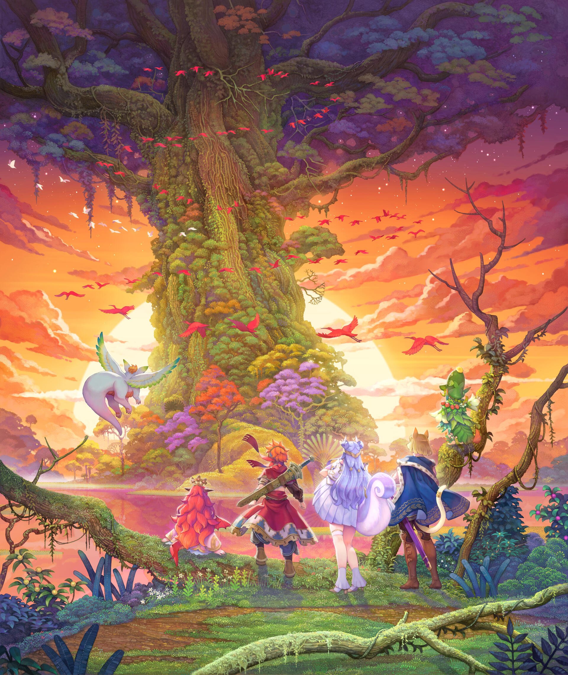 A vibrant scene from the video game Visions of Mana, featuring four characters in a lush, colorful landscape with a majestic tree and a sunset illuminating the sky.