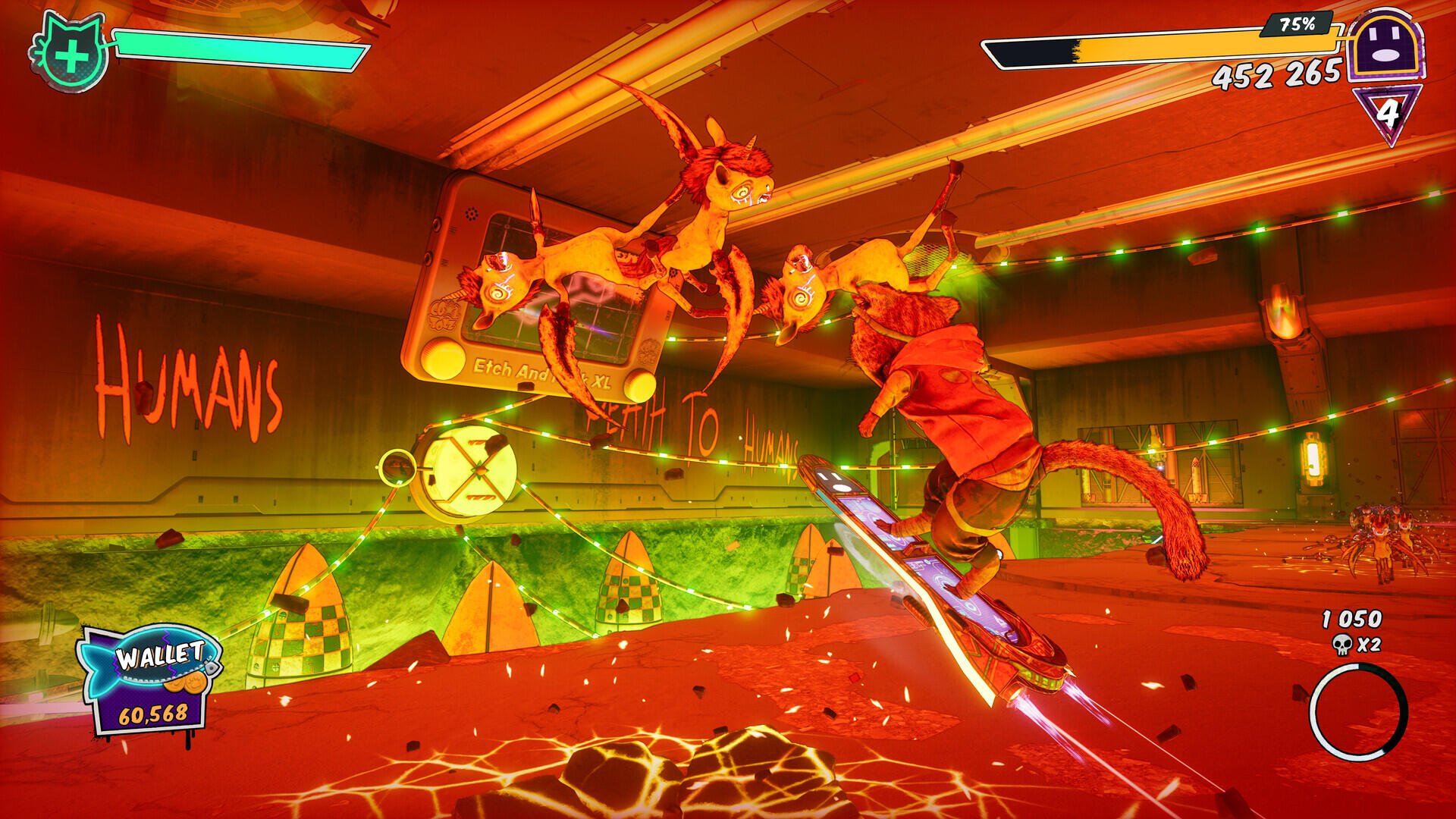 A vibrant scene from the video game Gori: Cuddly Carnage, featuring a dynamic character battling colorful, cartoonish monsters in a whimsical, action-packed environment.
