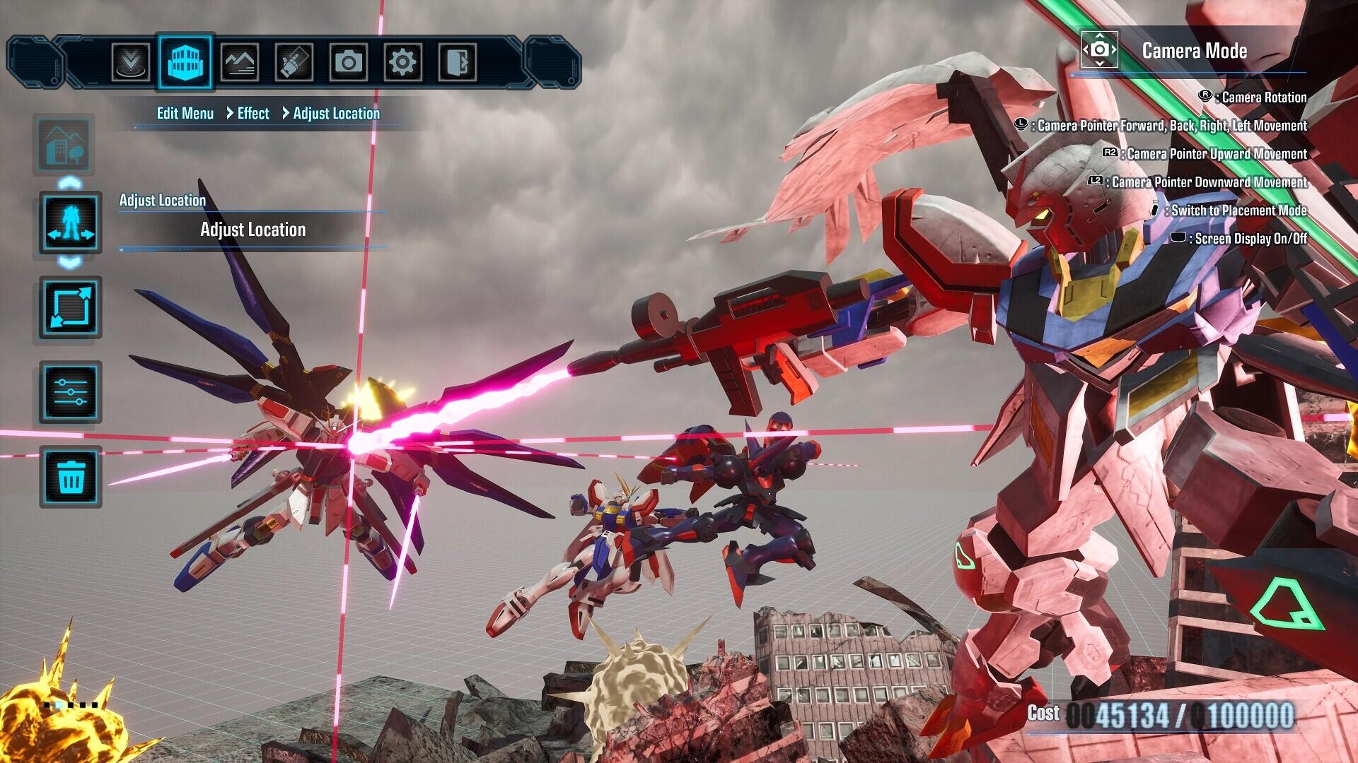 A dynamic scene from Gundam Breaker 4, featuring mobile suits engaged in battle against a dramatic backdrop with lasers and debris, showcasing high-stakes action and vibrant designs.
