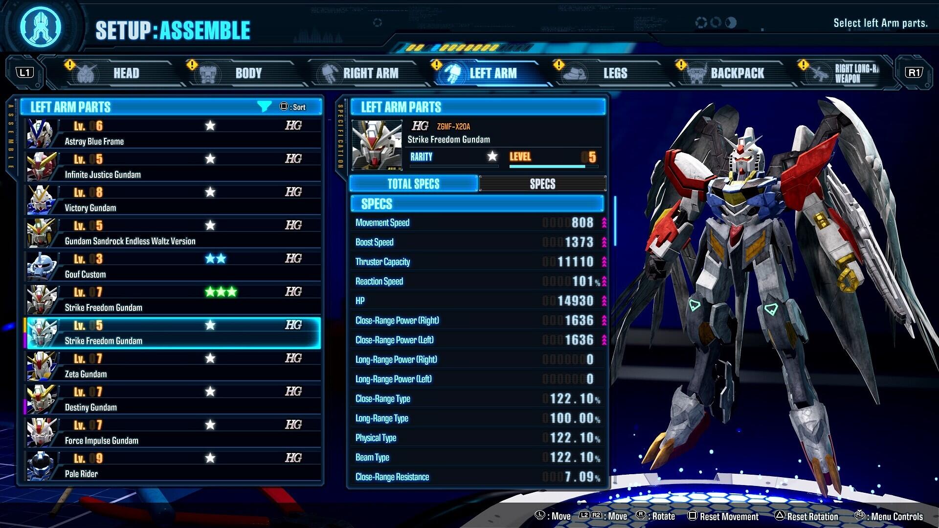A scene from Gundam Breaker 4 shows the setup and assembly screen, featuring customizable parts for a Gundam model, including head, body, and limbs, alongside key stats and specifications.