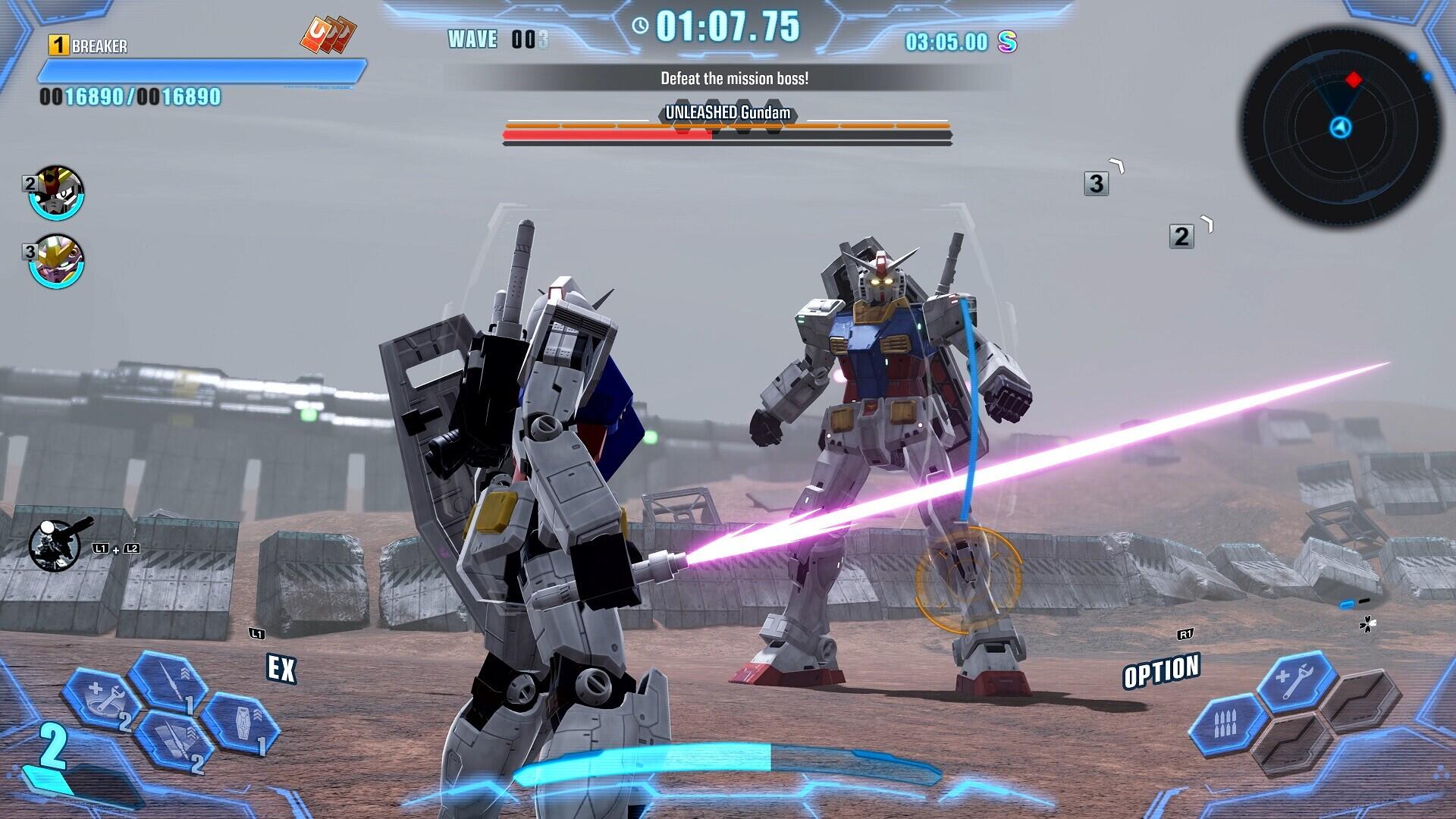 A gameplay scene from Gundam Breaker 4, featuring two mobile suits in a battle. One suit wields a glowing pink blade, while the other prepares for action against a health bar display.