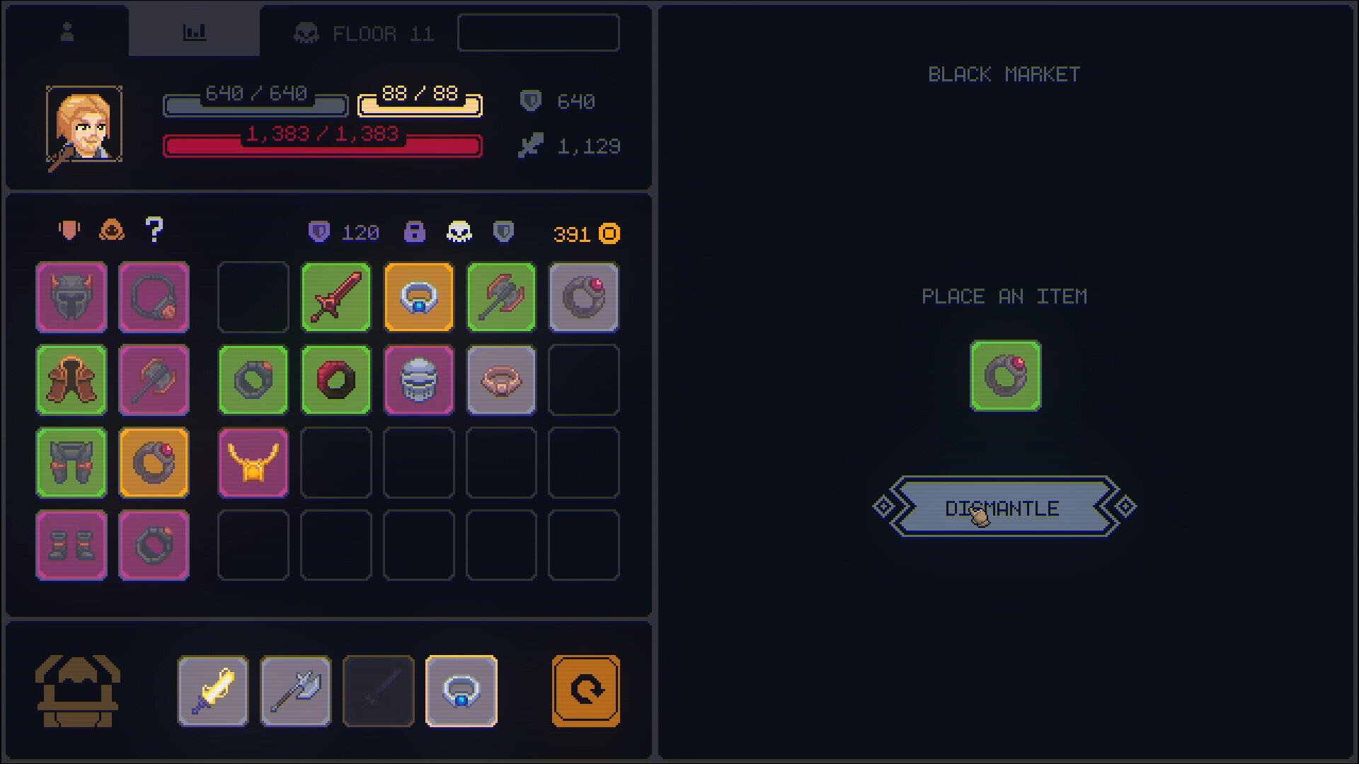 A screenshot from the video game Megaloot, showcasing an inventory screen filled with various items and their stats, highlighting player progression and item management.