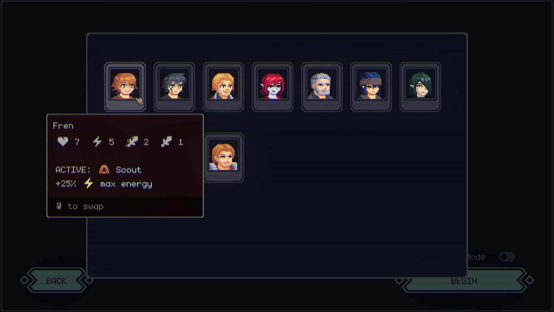 A character selection screen from the video game Megaloot, showcasing various avatars with stats. The highlighted character, Fran, is active as a scout, focusing on energy maxing.