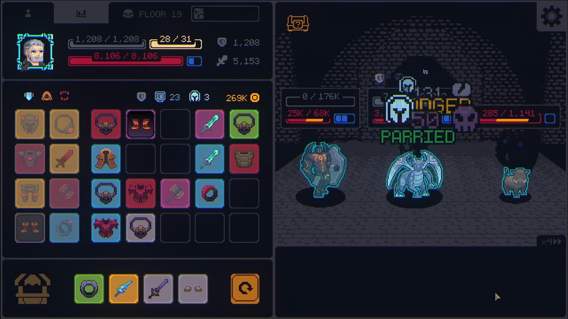A screenshot from the video game Megaloot, showcasing an inventory interface with colorful items and status indicators for a character in action during gameplay.