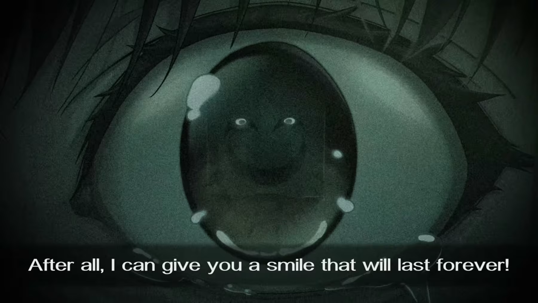 A close-up of an eye with a haunting reflection of Emio, the Smiling Man, from the game Famicom Detective Club. The quote ominously suggests an eternal smile awaits.